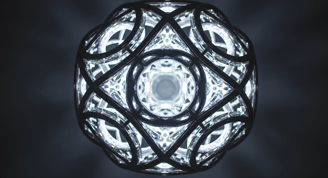 Intricate geometric kaleidoscope pattern with a central glowing light source, creating a mesmerizing visual effect