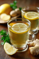 Warm lemon ginger tea offers soothing benefits for menopause, promoting healthy diet with nutritious foods