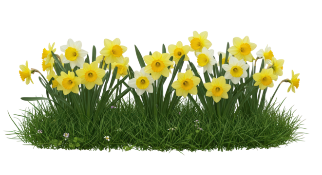 Bright yellow and white daffodils with lush green grass border isolated on transparent background