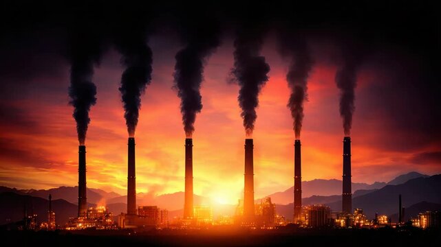 Silhouette of industrial plant chimneys spewing thick black smoke against a sunset sky