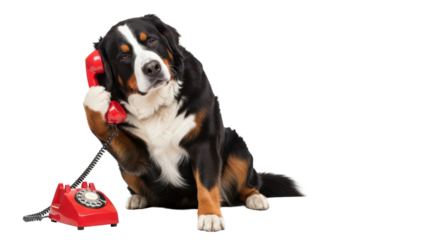 Bernese mountain dog talking on a retro red telephone receiver. isolated on transparent background
