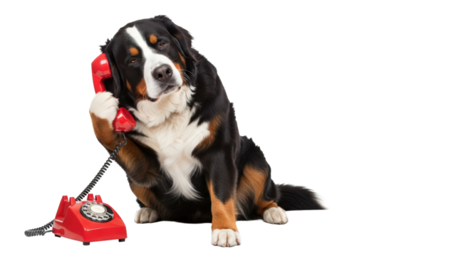 Bernese mountain dog talking on a retro red telephone receiver. isolated on transparent background