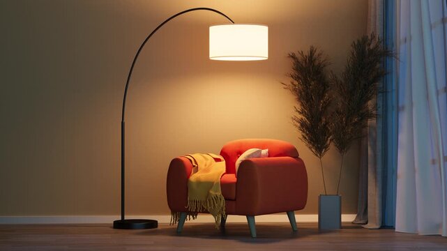 Furniture Store Concept: 3D Animation of Modern Living Room Interior appearing step by step with Copy Space for Retail and E-commerce advertisement.