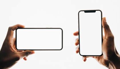 Two hands holding phones with blank white screens in portrait and landscape orientation isolated