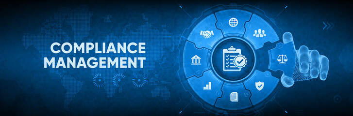 Compliance Management Concept - Digital Interface with Business Regulations, Law, and Policy Icons, Virtual Hand Selecting Legal Puzzle Piece on Blue World Map Background