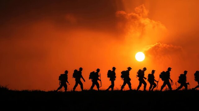 Silhouette of soldiers marching towards the sunlit horizon during sunset, creating a dramatic scene