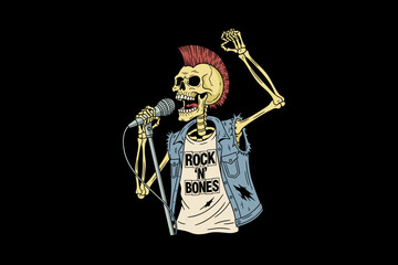 Punk Rock Skeleton Singer with Microphone and Mohawk.