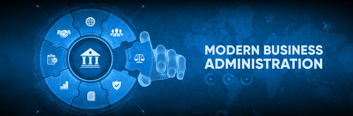 Modern Business Administration concept with digital hand selecting financial icons on blue interface, corporate management strategy, global compliance technology and futuristic automation background.