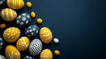 Fototapeta premium Decorated easter eggs in yellow and blue colors with different patterns on a dark blue background