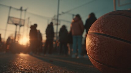 Basketball lying on court during golden hour with blurred kids