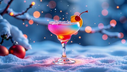 Vibrant tropical cocktail with colorful layers and festive elements on snowy background, copy space
