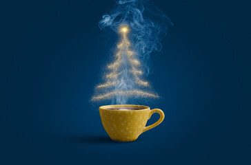 Yellow Coffee Cup with Steam Forming Christmas Tree on Blue Background