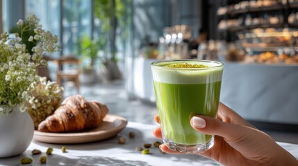 Hand holding green pistachio latte in modern cafe