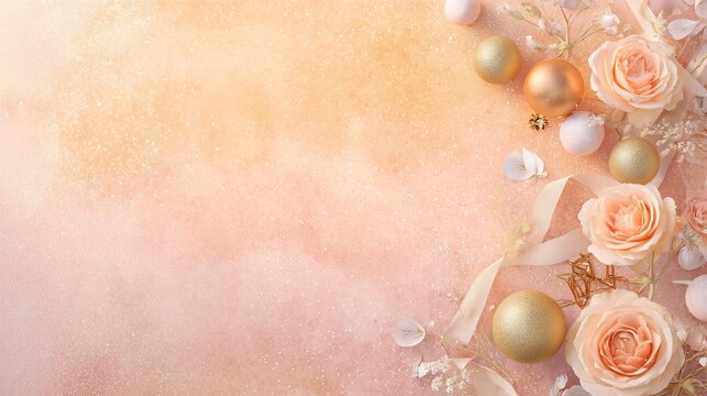 Christmas sunrise gradient flat lay background with soft pink peach gold transition, blush roses golden ornaments ribbons central empty area  