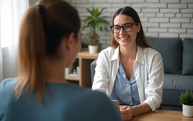 A therapist conducting a teletherapy session with a patient dressed in casual clothing. This image captures the relaxed and accessible nature of online therapy. High quality