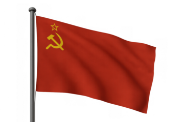 Soviet union flag waving on flagpole, red banner with gold hammer and sickle symbol, cold war communism history concept