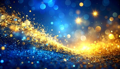 Abstract swirl of gold glitter dust merging into a vibrant blue background with bokeh effects and starry elements