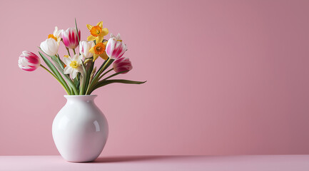 White Vase with Tulips and Daffodils on Pale Pink Background