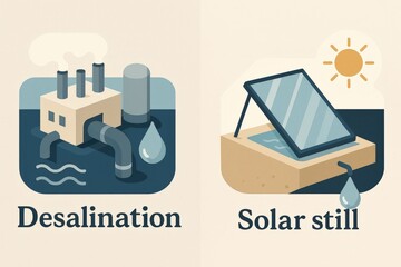 Innovative water purification methods showcasing desalination and solar still technologies in a graphic format illustrating sustainable practices and environmental solutions