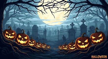 Halloween Night Spooky Scene with Pumpkins Cemetery and Full Moon Pixel Art