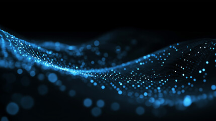 Abstract Blue Glowing Dots Wave on Black Background with Digital Network