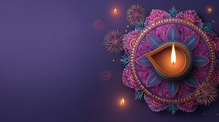happy diwali celebration with a glowing diya lamp fireworks and rangoli design on a purple background wishing you a joyous and prosperous festival of lights