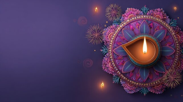 happy diwali celebration with a glowing diya lamp fireworks and rangoli design on a purple background wishing you a joyous and prosperous festival of lights