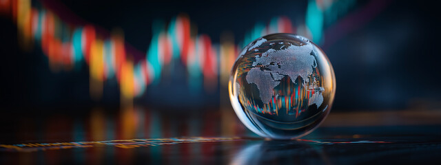 World Globe in Glass Sphere on Digital Stock Market Background