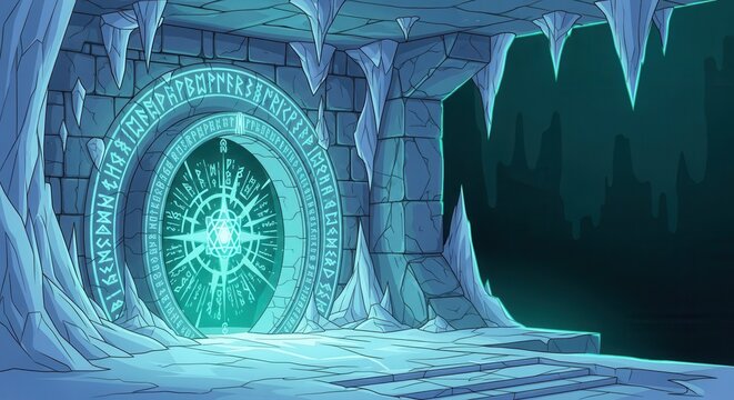 Ancient stone gateway glows with magical energy within a frozen cavern environment