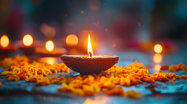 Close up of a lit diya surrounded by orange flowers with blurred lights in the background