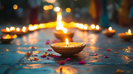 Illuminated diya lamps arranged on a surface with scattered petals for a festive celebration scene
