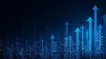 Abstract Blue Glowing Arrows with Cityscape Representing Growth