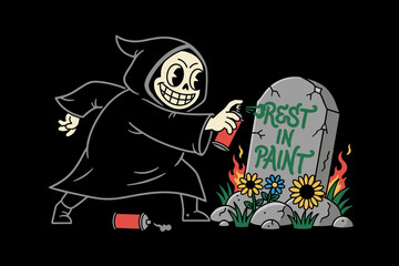 Grim Reaper spray painting a tombstone with the words Rest In Pa
