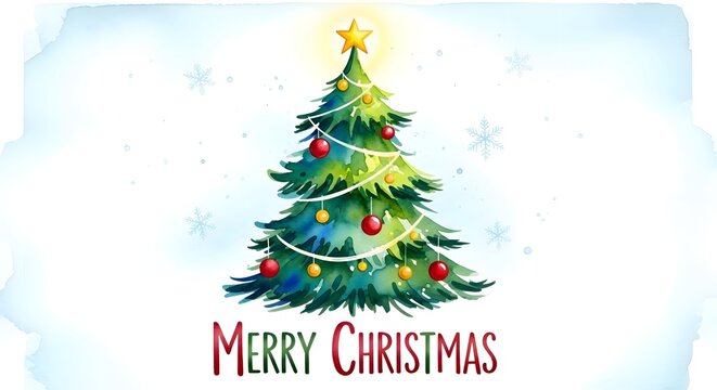 Artistic watercolor illustration of a decorated Christmas tree with red baubles, a golden star, and a festive Merry Christmas greeting - Powered by Adobe