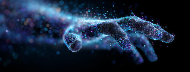 Digital Hand Reaching Out with Glowing Data Points on Dark Background
