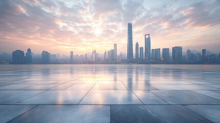 Urban cityscape reflecting on a tiled surface under a cloudy sky at dusk with tall buildings visible
