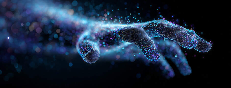 Digital Hand Reaching Out with Glowing Data Points on Dark Background - Powered by Adobe