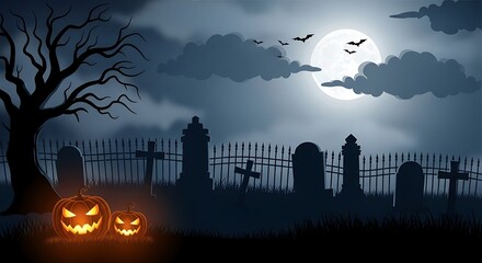 Spooky Halloween night graveyard scene with pumpkins and bats under moonlight