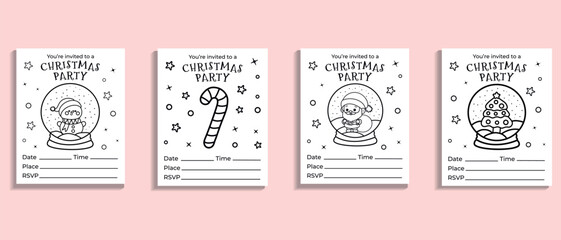 Set of Christmas party invitations, vector coloring pages for kids with cute characters