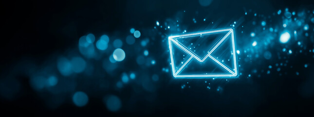 Digital Blue Envelope Icon with Data Points on Dark Background