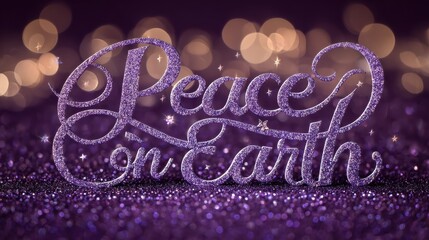 peace on earth elegant script text on sparkling purple glitter background with bokeh lights festive holiday season message