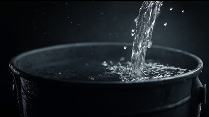 Water Pouring from Black Bucket with Cinematic Lighting