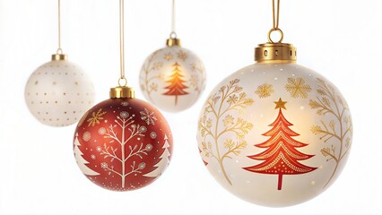 Hanging christmas tree ornaments glowing red white gold isolated on white background festive decor
