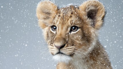 cute lion cub portrait with snow falling a festive christmas greeting card perfect for holiday wishes and seasonal promotions