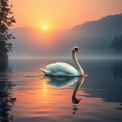 Fototapeta premium Graceful swan gliding across a tranquil lake at sunrise, outdoors, beautiful