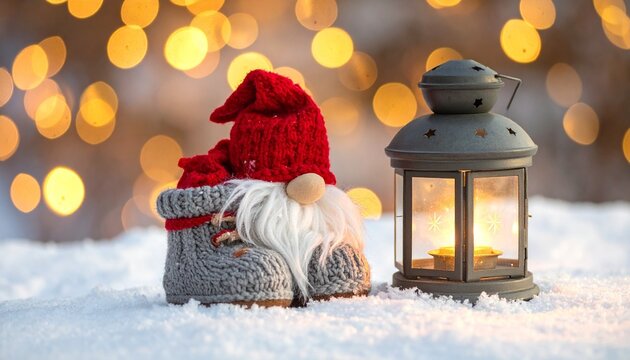 Christmas gnome with red hat and lantern glowing in snowy bokeh forest