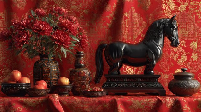 chinese still life with black horse statue and red gold background for fire horse chinese new year 2026 symbolic decor