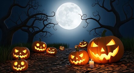 Spooky Halloween night with pumpkins and moonlit background for celebration