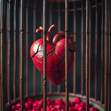 Heart in a cage, a poignant image of restricted or yearning love,  romantic,  symbolism