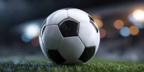 Dramatic Close Up of Black and White Soccer Ball on Green Grass with Stadium Lights in Background under Dark Overcast Sky